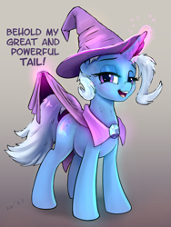 Size: 3652x4869 | Tagged: safe, artist:xbi, trixie, pony, unicorn, cape, clothes, dialogue, female, glowing, glowing horn, gradient background, great and powerful, hat, high res, horn, levitation, looking at you, magic, magic aura, mare, presenting, presenting tail, solo, tail, telekinesis, trixie's cape, trixie's hat