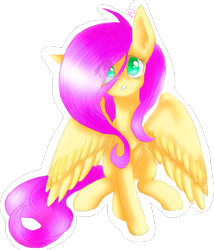 Size: 1371x1600 | Tagged: safe, artist:drawcraft123, fluttershy, pegasus, pony, g4, colored pupils, cute, ear fluff, eye clipping through hair, female, looking up, mare, outline, shyabetes, simple background, sitting, solo, spread wings, stray strand, transparent background, white outline, wings