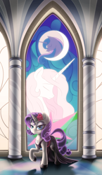 Size: 1920x3316 | Tagged: safe, artist:awalex, princess celestia, princess luna, rarity, pony, unicorn, chest fluff, clothes, crescent moon, cute, cutie mark accessory, dress, ear fluff, female, flower, flower in hair, garter belt, hoof shoes, jewelry, lace, leg fluff, mare, moon, necklace, pink-mane celestia, raised hoof, raribetes, rose, solo, stained glass, stockings, thigh highs