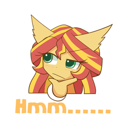 Size: 1000x1000 | Tagged: safe, artist:howxu, sunset shimmer, anthro, g4, ambiguous facial structure, bust, caption, cute, ear fluff, emoji, female, portrait, reaction image, shimmerbetes, simple background, solo, thinking, transparent background