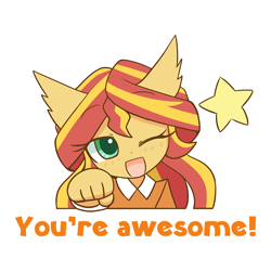 Size: 1000x1000 | Tagged: safe, artist:howxu, sunset shimmer, anthro, g4, ambiguous facial structure, bust, caption, cute, ear fluff, emoji, female, fist bump, one eye closed, open mouth, portrait, reaction image, shimmerbetes, simple background, solo, stars, transparent background, wink