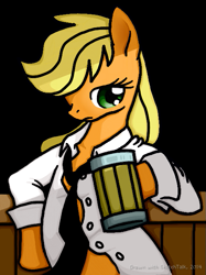 Size: 491x658 | Tagged: safe, artist:doqwor, applejack, earth pony, semi-anthro, g4, arm hooves, bipedal, button-up shirt, female, hatless, hoof hold, lidded eyes, missing accessory, necktie, solo, tankard