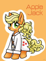 Size: 492x657 | Tagged: safe, artist:doqwor, applejack, earth pony, pony, g4, alternate hairstyle, clothes, cute, cutie mark on clothes, female, hatless, jackabetes, lab coat, mare, missing accessory, name tag, orange background, ponytail, simple background, sitting, solo