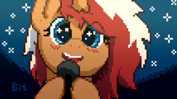 Size: 1920x1080 | Tagged: safe, artist:bitassembly, oc, oc only, oc:cherry fizz, pony, unicorn, blushing, bust, eye clipping through hair, female, looking at you, mare, microphone, pixel art, portrait, simple background, singing, solo