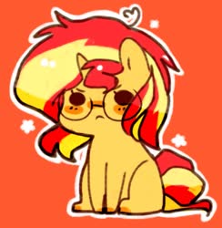 Size: 1297x1330 | Tagged: safe, artist:luxjii, sunset shimmer, pony, unicorn, g4, beady eyes, blank flank, blushing, chibi, cute, female, filly, filly sunset shimmer, glasses, red background, shimmerbetes, simple background, sitting, solo, stars, younger