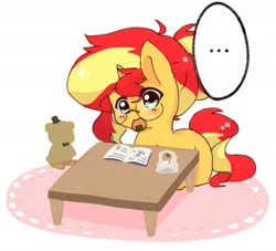 Size: 1543x1403 | Tagged: safe, artist:luxjii, sunset shimmer, pony, unicorn, g4, ..., alternate hairstyle, book, crossover, cute, female, five nights at freddy's, food, freddy fazbear, glasses, mouth hold, onigiri, plushie, reading, shimmerbetes, solo, studying, teddy bear