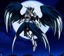 Size: 4150x3642 | Tagged: safe, alternate version, artist:mauroz, princess luna, human, g4, armor, cloud, female, full moon, horn, horned humanization, humanized, moon, night, sky, solo, winged humanization, wings