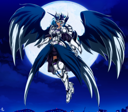 Size: 4150x3642 | Tagged: safe, alternate version, artist:mauroz, princess luna, human, g4, armor, cloud, female, full moon, high res, horn, horned humanization, humanized, moon, night, sky, solo, winged humanization, wings