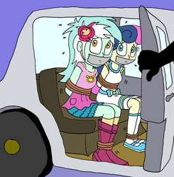 Size: 948x966 | Tagged: safe, artist:bugssonicx, bon bon, lyra heartstrings, sweetie drops, human, equestria girls, g4, abuse, bondage, bound and gagged, car, damsel in distress, female, gag, help us, kidnapped, tape, tape gag, this will end in rape, tied up