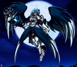 Size: 4150x3642 | Tagged: safe, alternate version, artist:mauroz, princess luna, human, g4, armor, badass, cloud, epic, female, flag, flying, full moon, gauntlet, high res, humanized, moon, night, sky, solo, spread wings, winged humanization, wings