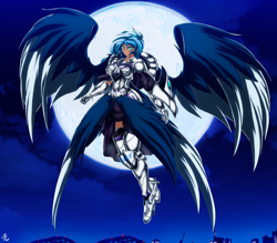 Size: 4150x3642 | Tagged: safe, alternate version, artist:mauroz, princess luna, human, g4, armor, cloud, female, flying, full moon, gauntlet, high res, humanized, moon, night, sky, solo, spread wings, winged humanization, wings
