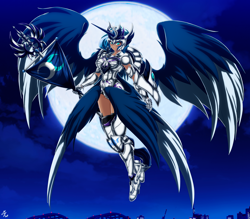 Size: 4150x3642 | Tagged: safe, alternate version, artist:mauroz, princess luna, human, g4, armor, badass, cloud, epic, female, flag, flying, full moon, gauntlet, high res, horn, horned humanization, humanized, moon, night, sky, solo, spread wings, winged humanization, wings