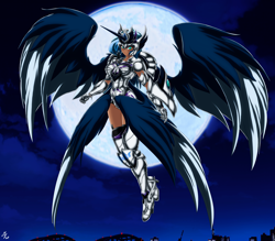 Size: 4150x3642 | Tagged: safe, alternate version, artist:mauroz, princess luna, human, g4, armor, badass, cloud, epic, female, flying, full moon, gauntlet, high res, horn, horned humanization, humanized, moon, night, sky, solo, spread wings, winged humanization, wings
