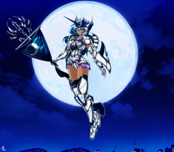 Size: 4150x3642 | Tagged: safe, alternate version, artist:mauroz, princess luna, human, g4, armor, cloud, female, flag, full moon, gauntlet, high res, horn, horned humanization, humanized, moon, night, sky, solo