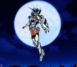 Size: 4150x3642 | Tagged: safe, alternate version, artist:mauroz, princess luna, human, g4, armor, cloud, female, full moon, gauntlet, high res, horn, horned humanization, humanized, moon, night, sky, solo