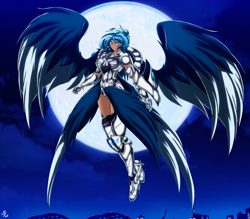Size: 4150x3642 | Tagged: safe, artist:mauroz, princess luna, human, g4, armor, city, cityscape, dark skin, female, full moon, humanized, looking at you, magical girl, moon, solo