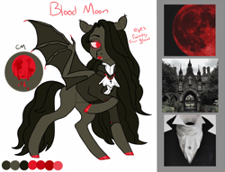 Size: 1020x779 | Tagged: safe, artist:jellybeanbullet, oc, oc only, oc:mistress blood moon, bat pony, pony, bat pony oc, clothes, coat, cross, fangs, female, glowing eyes, hair over one eye, jewelry, lipstick, mare, necklace, raised hoof, reference sheet, solo