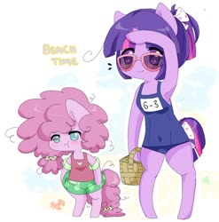 Size: 1372x1391 | Tagged: safe, artist:ask-nerdy-twilight, artist:luxjii, pinkie pie, twilight sparkle, crab, semi-anthro, ask nerdy twilight, g4, :t, alternate hairstyle, angry, arm hooves, armpits, basket, beach, blushing, bow, clothes, cute, diapinkes, duo, hair bow, inner tube, madorable, no pupils, one-piece swimsuit, pouting, size difference, sukumizu, sunglasses, swimsuit, twiabetes, water wings