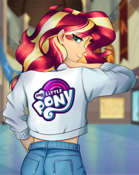 Size: 1591x2000 | Tagged: safe, artist:mandy1412, sunset shimmer, equestria girls, g4, canterlot high, clothes, female, hallway, high school, jacket, jeans, lidded eyes, long sleeves, looking at you, looking back, looking back at you, my little pony logo, pants, pockets, smiling, smiling at you, solo