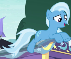 Size: 985x815 | Tagged: safe, screencap, trixie, pony, g4, road to friendship, cropped, female, open mouth, prone, solo, trixie's wagon