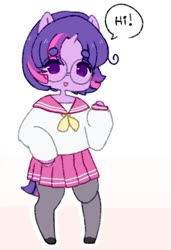 Size: 565x825 | Tagged: safe, artist:luxjii, twilight sparkle, semi-anthro, ask nerdy twilight, g4, alternate hairstyle, arm hooves, beanbrows, clothes, cute, dialogue, eyebrows, female, glasses, looking at you, moe, no pupils, pantyhose, pleated skirt, sailor uniform, school uniform, skirt, solo, speech bubble, twiabetes, uniform