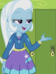 Size: 549x720 | Tagged: safe, screencap, trixie, equestria girls, equestria girls series, forgotten friendship, g4, canterlot high, clothes, cropped, cute, diatrixes, female, hoodie, lidded eyes, lockers, skirt, solo