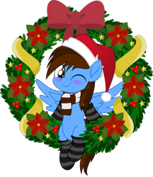 Size: 831x962 | Tagged: safe, artist:jhayarr23, part of a set, oc, oc only, oc:pegasusgamer, pegasus, pony, blushing, christmas, clothes, full body, happy, hat, holiday, looking at you, movie accurate, pegasus oc, santa hat, scarf, simple background, smiling, socks, solo, striped socks, transparent background, wings, ych result