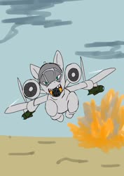 Size: 1451x2048 | Tagged: safe, artist:omegapony16, oc, oc only, original species, plane pony, pony, a-10 thunderbolt ii, explosion, fire, flying, glare, gun, looking at you, machine gun, missile, open mouth, plane, sharp teeth, smiling, smirk, smoke, solo, teeth, this will end in death, tongue out, weapon