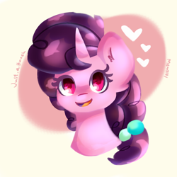 Size: 800x800 | Tagged: safe, artist:mewy101, sugar belle, pony, g4, abstract background, bust, cute, ear fluff, female, heart, mare, open mouth, portrait, solo, sugarbetes