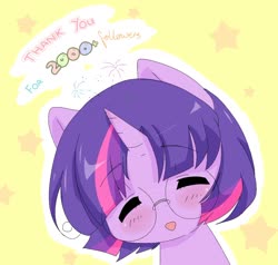 Size: 1446x1375 | Tagged: safe, artist:luxjii, twilight sparkle, pony, ask nerdy twilight, g4, alternate hairstyle, blushing, bust, cute, eyes closed, female, glasses, milestone, moe, open mouth, portrait, simple background, solo, stars, tumblr, twiabetes, yellow background