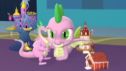 Size: 1920x1080 | Tagged: safe, artist:red4567, spike, dragon, g4, 3d, male, playing, playset, ponyville schoolhouse, ponyville town hall, solo, source filmmaker, spike day, spikezilla, toy, twilight's castle, winged spike, wings