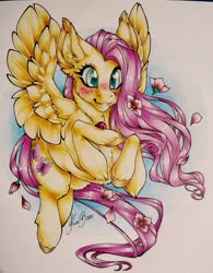 Size: 1024x1310 | Tagged: safe, artist:mysticcoral, fluttershy, butterfly, pegasus, pony, g4, blushing, cheek fluff, chest fluff, colored hooves, ear fluff, female, flower, holding, looking at something, mare, raised hoof, smiling, solo, spread wings, three quarter view, traditional art, wings