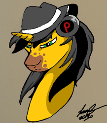 Size: 370x426 | Tagged: safe, artist:lucas_gaxiola, oc, oc only, pony, unicorn, bust, fedora, hat, headphones, horn, male, signature, simple background, stallion, unicorn oc