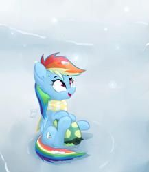 Size: 665x765 | Tagged: safe, artist:blastdown, rainbow dash, tank, pegasus, pony, g4, clothes, cute, dashabetes, female, mare, open mouth, scarf, sitting, snow, snowfall, solo, winter