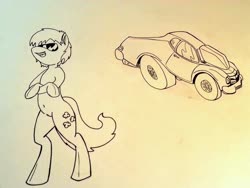 Size: 816x612 | Tagged: safe, artist:lucas_gaxiola, oc, oc only, oc:charmed clover, earth pony, pony, bipedal, car, crossed arms, earth pony oc, grin, male, smiling, stallion, sunglasses, traditional art