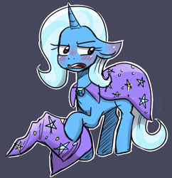 Size: 666x688 | Tagged: safe, artist:lucidlarceny, trixie, pony, unicorn, g4, blushing, cape, clothes, cute, diatrixes, ear blush, female, floppy ears, gray background, hat, mare, open mouth, outline, simple background, solo, trixie's cape, trixie's hat