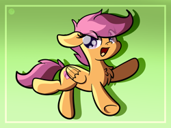 Size: 2560x1920 | Tagged: dead source, safe, artist:php142, scootaloo, pegasus, pony, g4, chest fluff, cute, cutealoo, eye clipping through hair, female, filly, floppy ears, green background, open mouth, simple background, solo