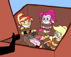 Size: 1360x1090 | Tagged: safe, artist:bugssonicx, applejack, pinkie pie, sunset shimmer, human, equestria girls, g4, alternate clothes, applesub, barefoot, bondage, bound and gagged, bra, breasts, capoeira, cloth gag, clothes, crate, feet, female, femsub, gag, help us, martial arts, muay thai, pinkiesub, ponytail, rope, sports bra, submissive, subset, tied up