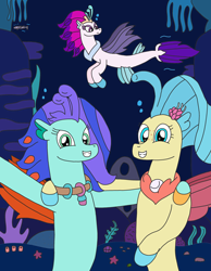 Size: 2588x3340 | Tagged: safe, artist:supahdonarudo, princess skystar, queen novo, oc, oc:sea lilly, fish, seapony (g4), starfish, g4, my little pony: the movie, bioluminescent, blue eyes, blushing, bubble, coral, cropped, crown, cute, dorsal fin, female, fin, fin wings, fins, fish tail, floppy ears, flower, flower in hair, flowing mane, flowing tail, freckles, glowing, happy, high res, hug, jewelry, necklace, ocean, pearl necklace, peytral, photobomb, regalia, seaquestria, seashell, seaweed, selfie, skyabetes, smiling, swimming, tail, teeth, throne, throne room, underwater, water, wings
