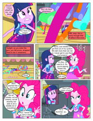 Size: 612x792 | Tagged: safe, artist:greatdinn, artist:newbiespud, edit, edited screencap, screencap, pinkie pie, spike, twilight sparkle, dog, comic:friendship is dragons, equestria girls, g4, my little pony equestria girls, animal, backpack, clothes, collaboration, comic, cutie mark on clothes, dialogue, female, frown, lip bite, looking up, male, pointing, screencap comic, shrug, spike the dog, streamers, unamused, wide eyes, wrapped up
