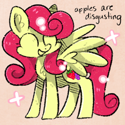 Size: 400x400 | Tagged: safe, artist:nootnuts, strawberry sunrise, pegasus, pony, g4, honest apple, chest fluff, cute, ear fluff, eyes closed, female, heresy, mare, open mouth, pink background, simple background, solo, strawwberry sunrise, that pony sure does hate apples