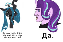 Size: 770x517 | Tagged: safe, queen chrysalis, starlight glimmer, pony, g4, cyrillic, meme, nordic gamer, ponified, ponified meme, russian, yes