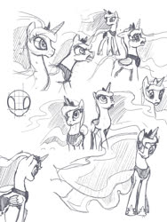 Size: 812x1080 | Tagged: safe, artist:tswt, princess luna, alicorn, pony, g4, black and white, character study, expressions, facial expressions, female, grayscale, jewelry, mare, monochrome, regalia, simple background, sketch, solo, study, white background