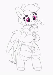 Size: 2440x3402 | Tagged: safe, artist:pabbley, rainbow dash, pegasus, pony, g4, belly button, bipedal, clothes, cute, dashabetes, female, food, heart, high res, holding, ice cream, ice cream cone, licking, mare, midriff, monochrome, open mouth, partial color, short shirt, shorts, simple background, smiling, solo, spread wings, tongue out, white background, wings