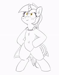 Size: 2786x3515 | Tagged: safe, artist:pabbley, lyra heartstrings, pony, unicorn, g4, belly button, bipedal, cape, clothes, female, high res, mare, monochrome, partial color, shrunken pupils, simple background, smiling, solo, white background