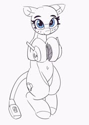 Size: 2830x3943 | Tagged: safe, artist:pabbley, oc, oc only, oc:headpone, object pony, original species, pony, belly button, bipedal, cable, female, floppy ears, headphones, high res, i can't believe it's not badumsquish, looking at you, monochrome, partial color, ponified, simple background, smiling, solo, white background