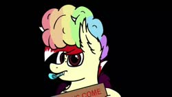 Size: 640x360 | Tagged: safe, artist:aaathebap, artist:thejtrain, oc, oc only, oc:aaaaaaaaaaa, bat pony, pony, trotcon, afro, anyway come to trotcon, bat pony oc, bat wings, male, multicolored hair, party horn, rainbow hair, simple background, solo, wings