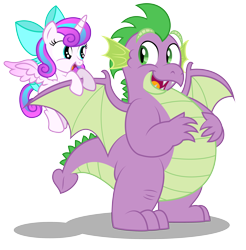 Size: 3758x3825 | Tagged: safe, artist:aleximusprime, princess flurry heart, spike, alicorn, dragon, pony, flurry heart's story, g4, adult, adult spike, belly, bow, duo, fat, fat spike, filly, filly flurry heart, floating eyebrows, future flurry heart, future spike, hair bow, hands on belly, hanging, high res, looking at each other, no cutie marks yet, older, older flurry heart, older spike, plump, simple background, spike day, transparent background, uncle and niece, uncle spike, vector, winged spike, wings