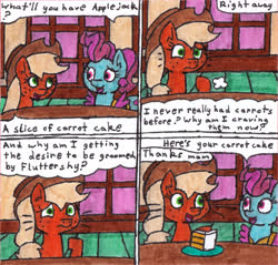 Size: 1450x1384 | Tagged: safe, artist:eternaljonathan, part of a set, applejack, cup cake, earth pony, pony, g4, applejack's hat, cake, carrot cake (food), comic, commission, confused, cowboy hat, dialogue, duo, duo female, female, food, hat, mare, open mouth, ordering, part of a series, raised hoof, smiling, speech bubble, sugarcube corner, thought bubble, traditional art, transformation, transformation sequence, whiskers