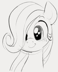 Size: 406x507 | Tagged: safe, artist:dotkwa, fluttershy, pegasus, pony, g4, bust, cute, female, filly, filly fluttershy, grayscale, hair over one eye, monochrome, portrait, shyabetes, simple background, smiling, solo, white background, younger